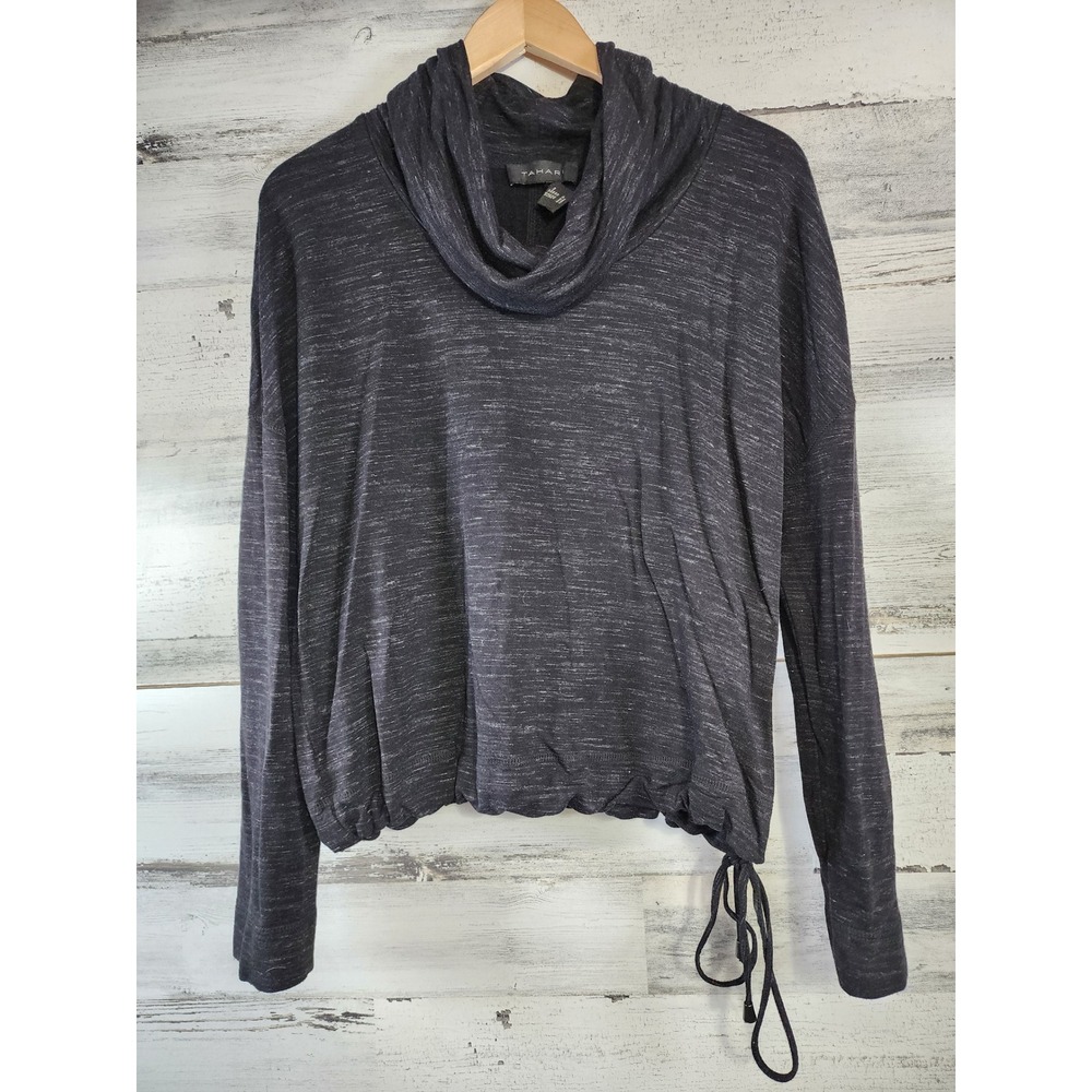 Tahari Pullover Top Women Medium Gray Cowl Neck Drawstring Hem Long Sleeve